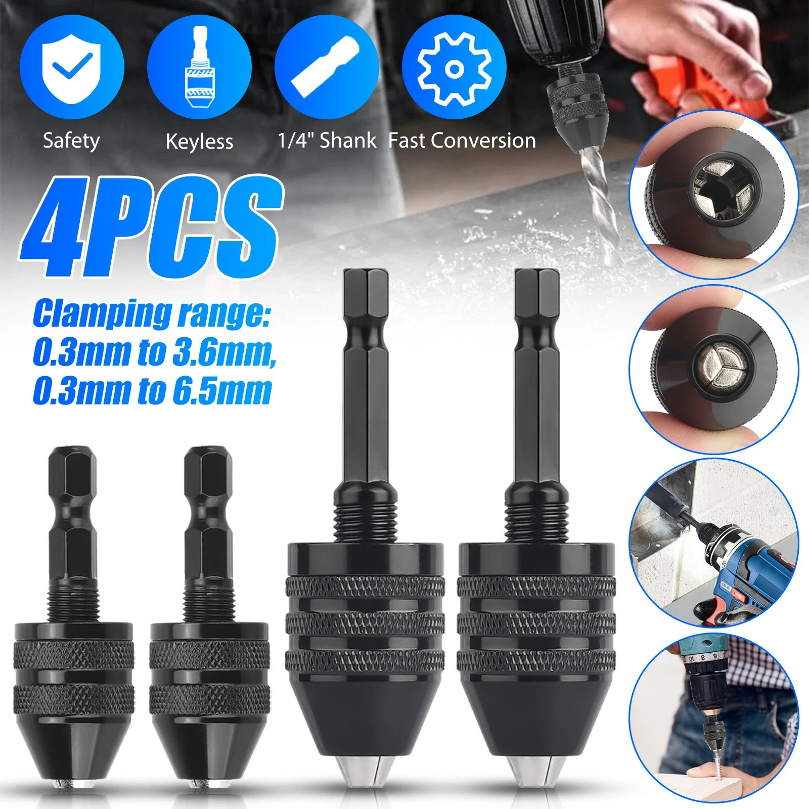 4Pcs 1/4"Hex Shank Keyless Drill Chuck Adapter Bit Quick Change Converter Driver