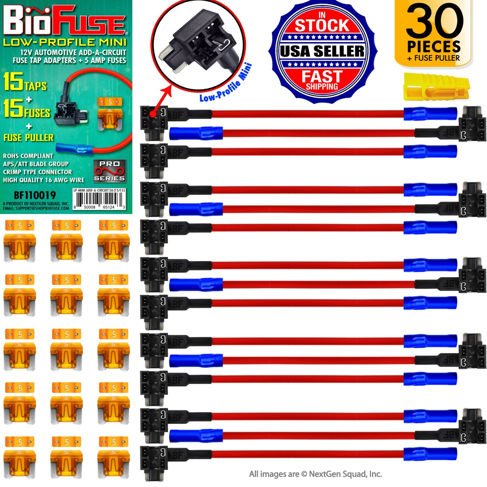 BioFuse® 30pc Add Circuit Low Profile Mini Automotive Taps: 5A Fuses & Holders