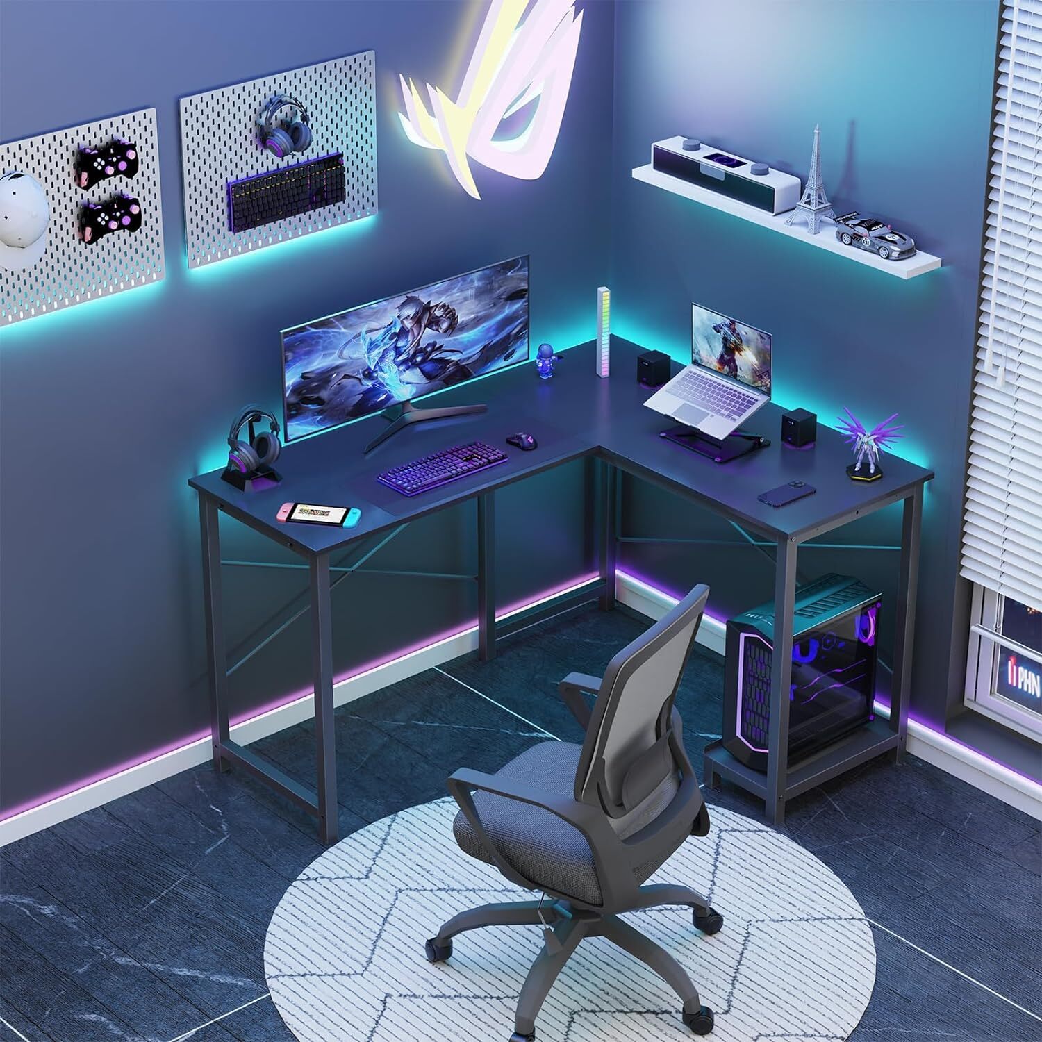 Home Office L Shape Corner Computer Desk Gaming PC Table with CPU Stand Side Bag