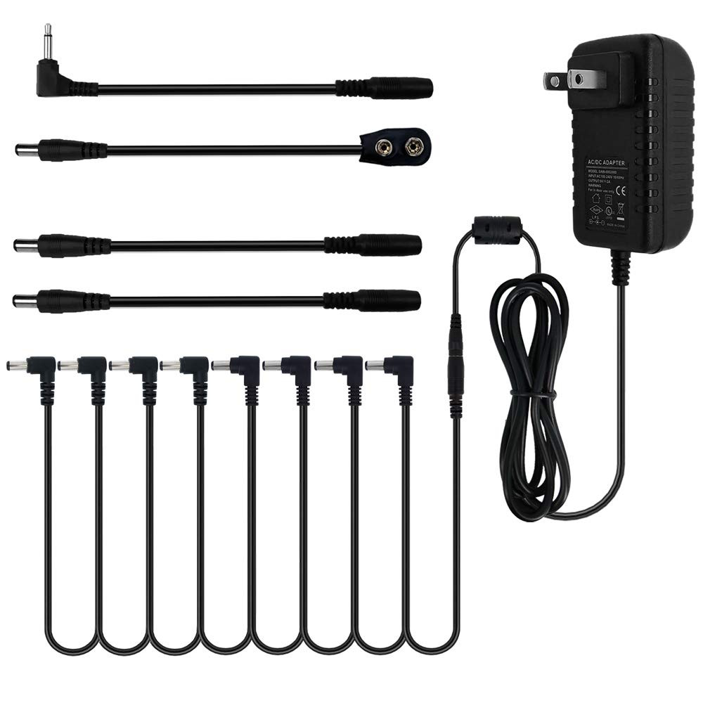 Pedal Power Supply Adapter 9V DC 2A 2000Ma Tip Negative 8 Way Daisy Chain Cables