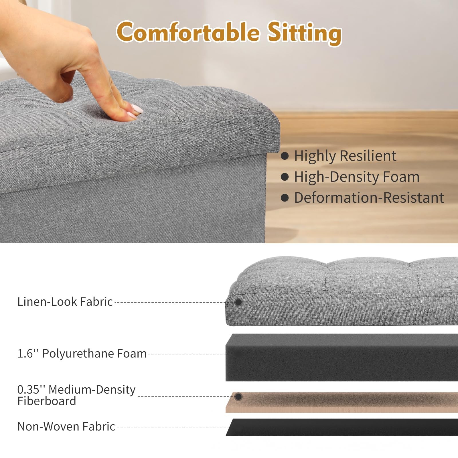 Storage Ottoman with Extra Thick Foam Padded Seat Foldable Foot Rest Stool wi...