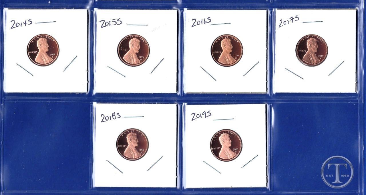 2014 S - 2019 S Proof Lincoln Cents Penny-Gem Proof-Six Proof Pennies