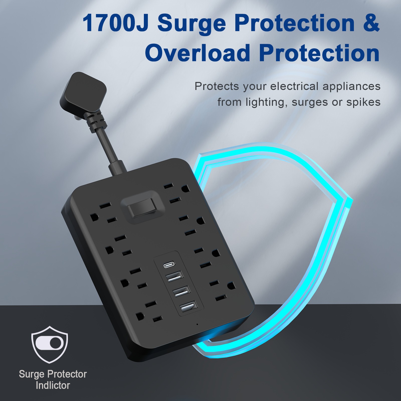 US Surge Protector Power Strip 8 AC Outlets USB Ports Type C Plug Wall Mountable