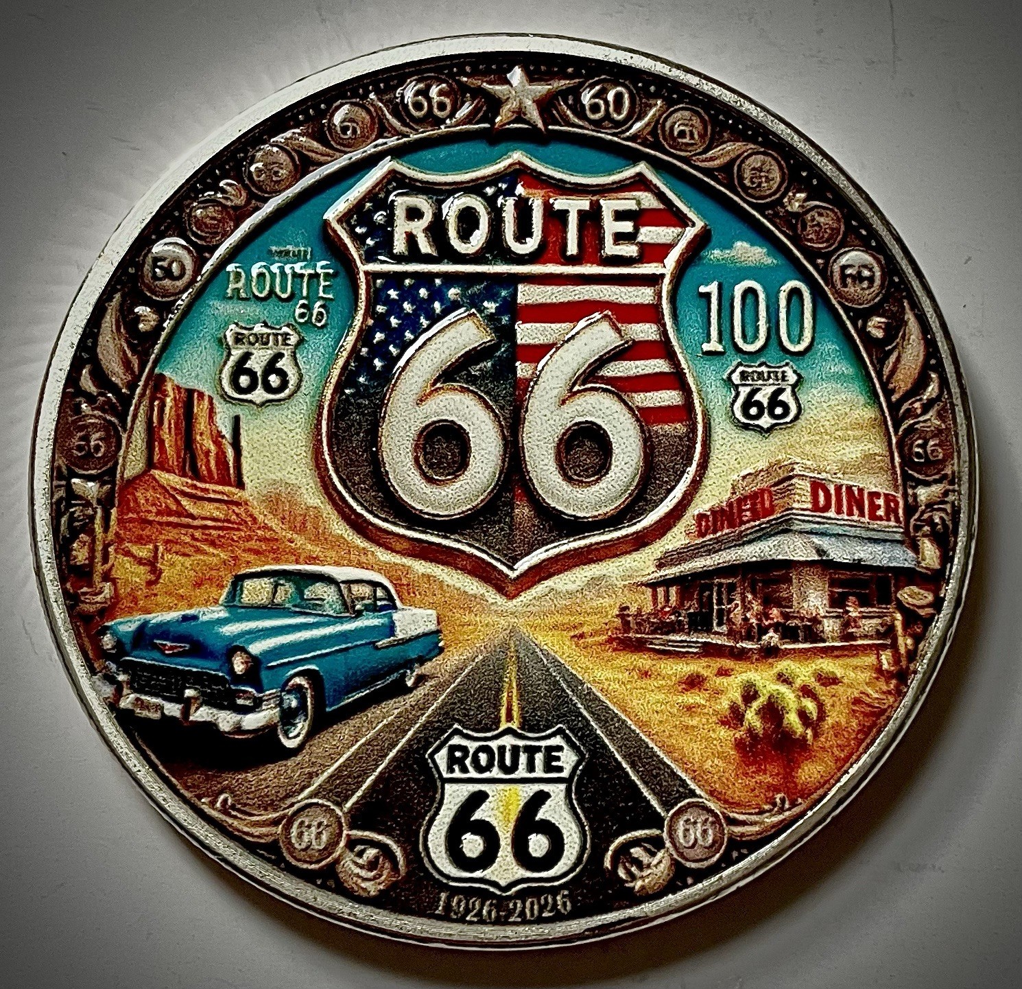 Route 66 Challenge Coin-Silver Colored-100 Year Anniversary-3D-Baked Enamel