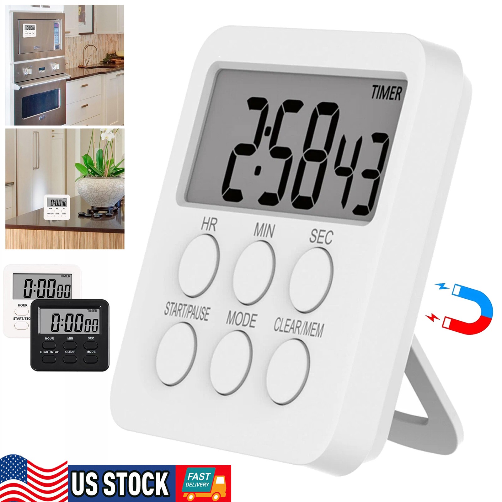 4-in-1 Digital Timer with Count Up/Down, Clock & Alarm, Ring & Silent Modes USA