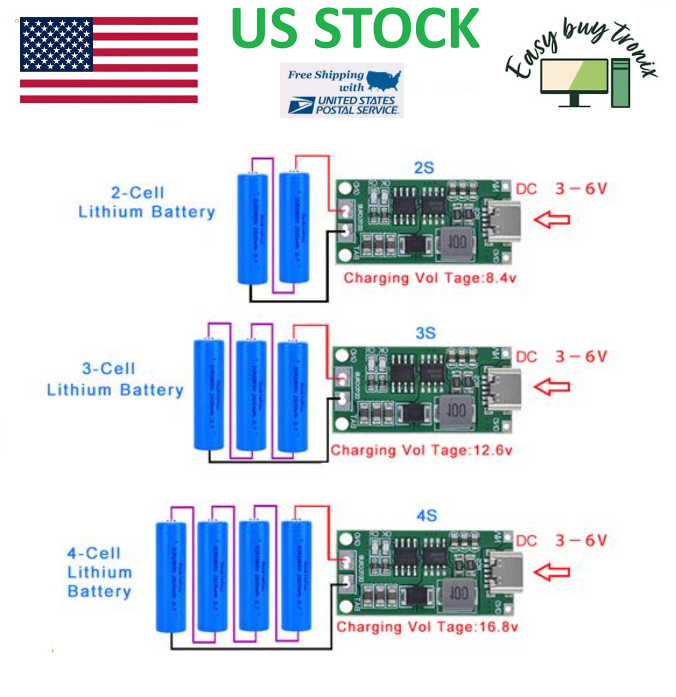 3PCS 2S 3S 4S 8.4V 12.6V 16.8V 1A 2A 4A Boost Lipo Li-Ion Dc 5V Type-C Charger