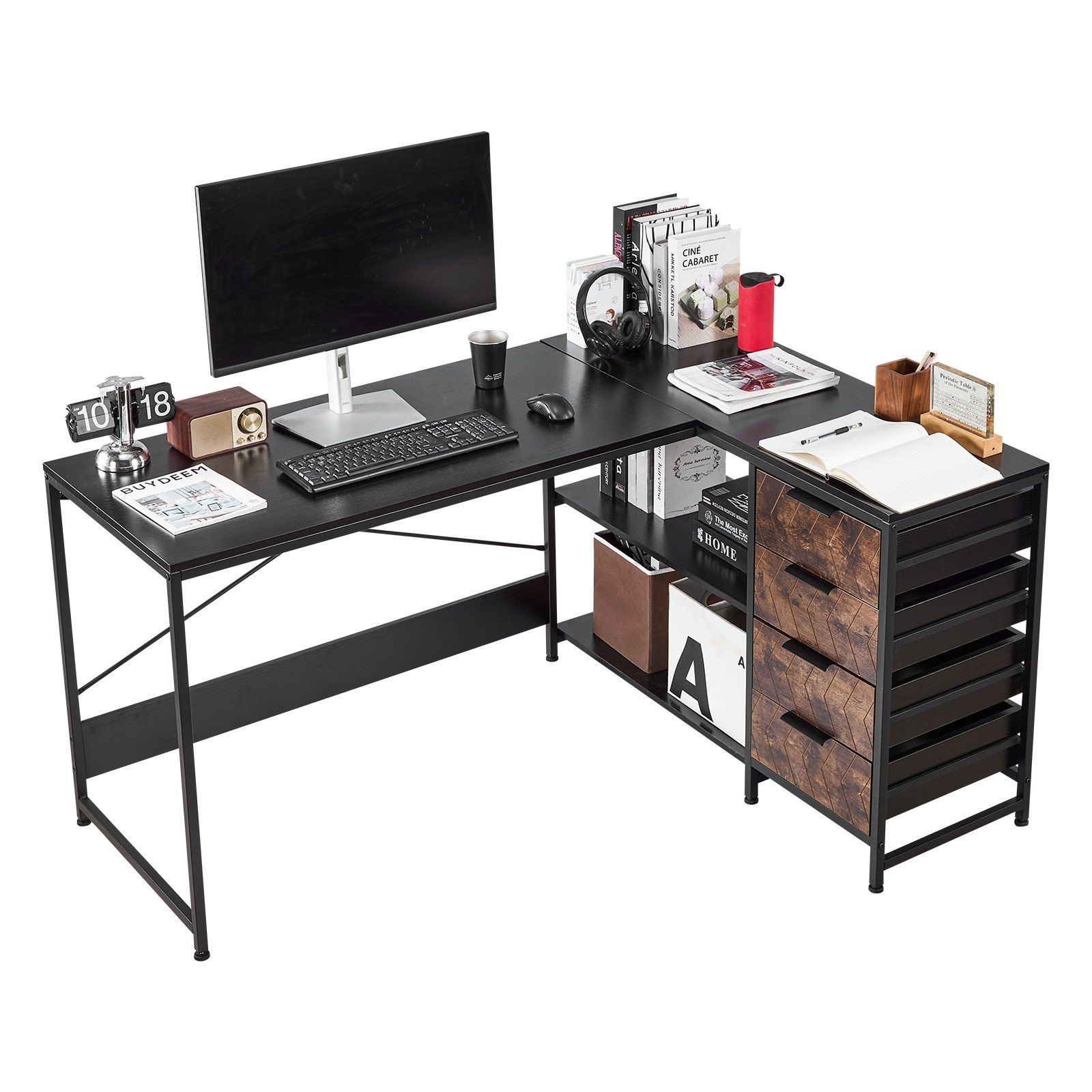 59in Reversible L Desk: Sturdy Workstation w/ 4 Wood Drawers & Dual Open Shelves