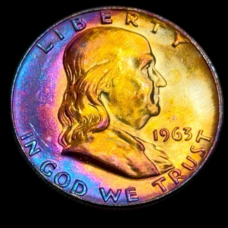 Franklin Half Dollar Uncirculated 1963 D 90% Silver Coin Monster Rainbow Toning