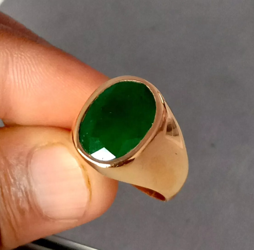 Solid 925 Silver Real Emerald Ring Rose Gold Men's Signet Ring Birthday Gift