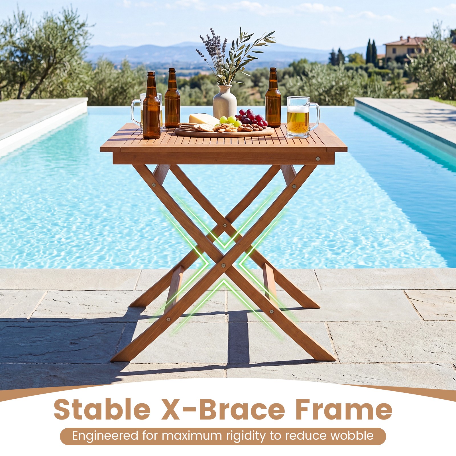 Solid Teak Wood Folding Outdoor Table, 32-Inch Square Patio Dining Table for 4