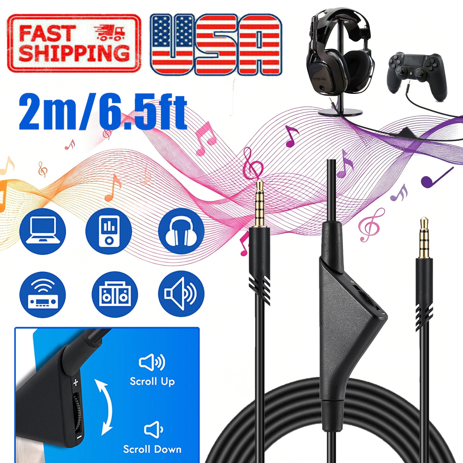 2M Replacement Audio Cable Cord Volume Control for Astro A10 A40 Gaming Headset