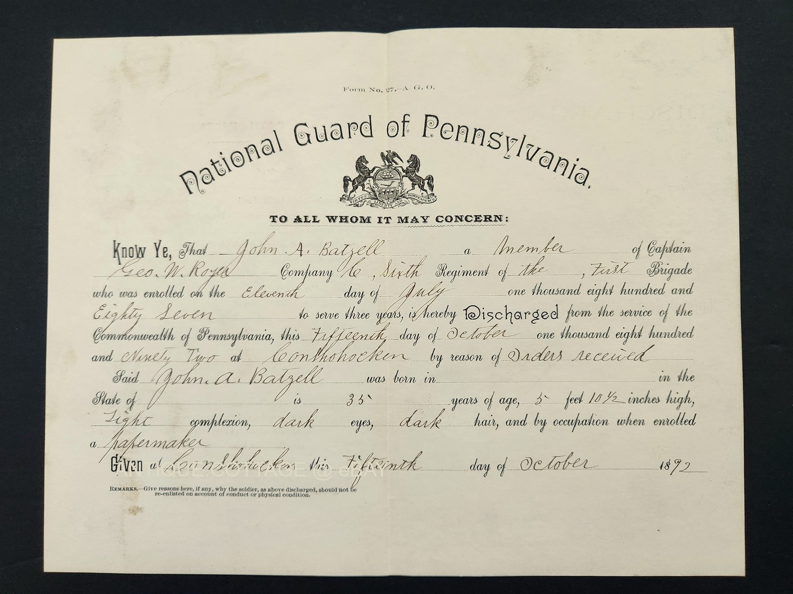 1892 antique NATIONAL GUARD PA DISCHARGE Co C conshohocken JOHN A BATZELL royer