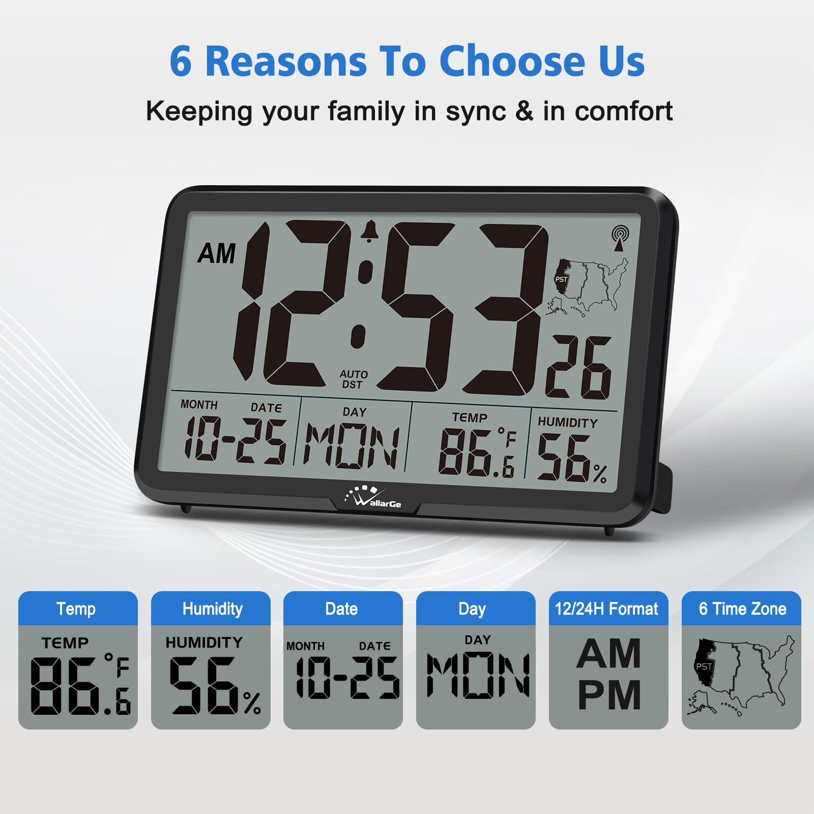 WallarGe Atomic Wall Clock with Backlight, Digital Large, Black