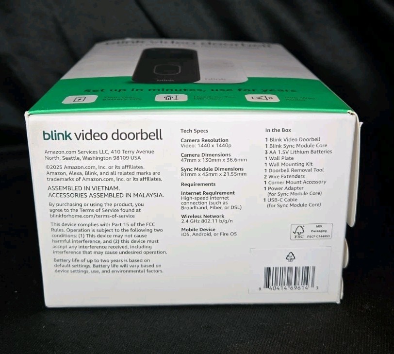 Blink Video Doorbell Battery 2nd Generation w/Sync Module Black - New