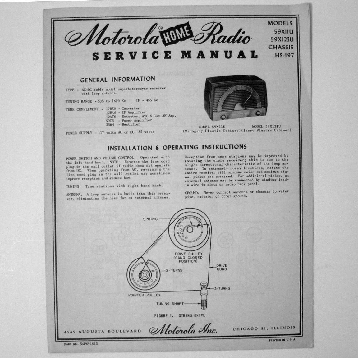 Motorola ® Models 59X11U 59X12IU HS-197 Radio Service Manual © 1950s