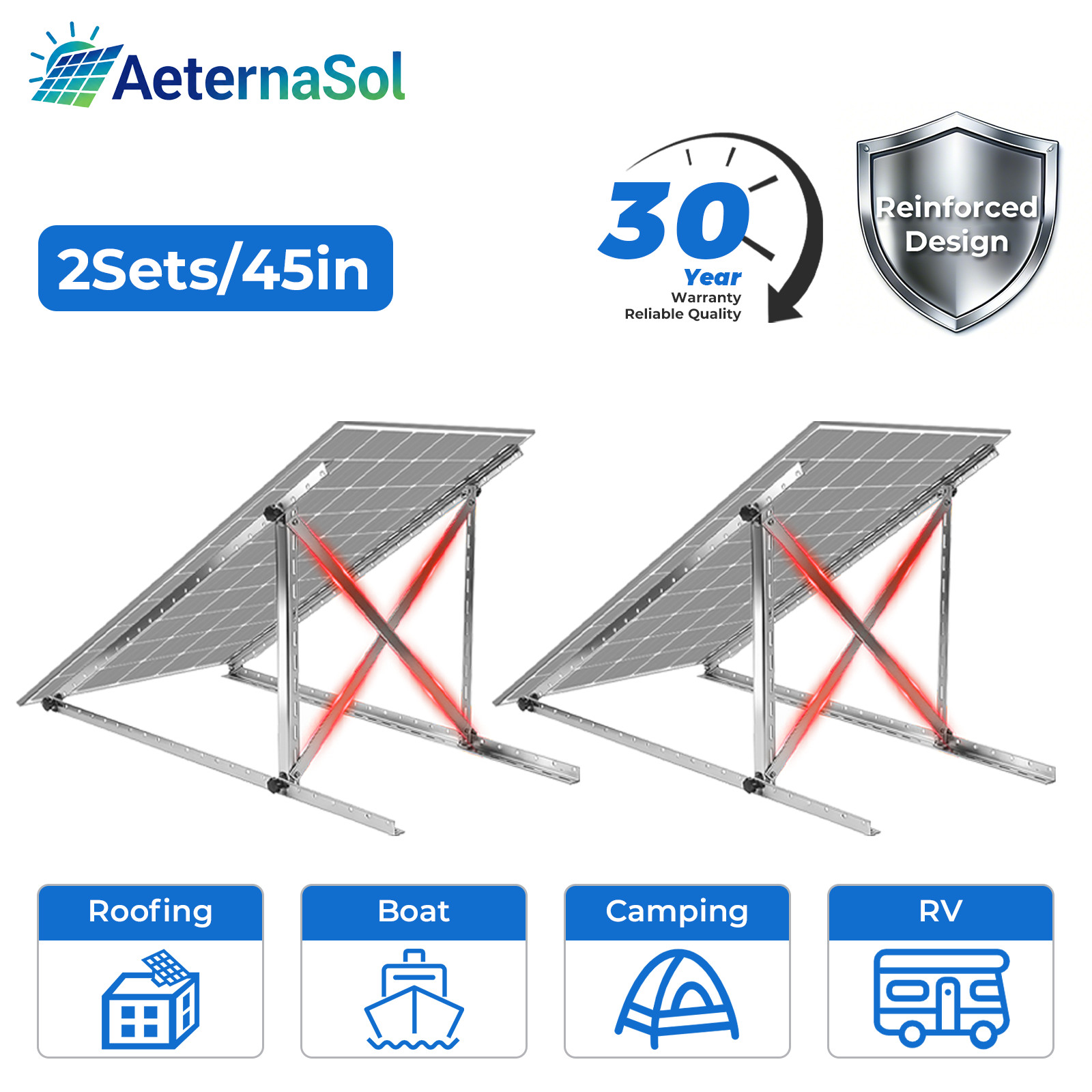 2 Sets Solar Panel Brackets 45in Tilt Mount Roof Flat Surface Adjustable Frame