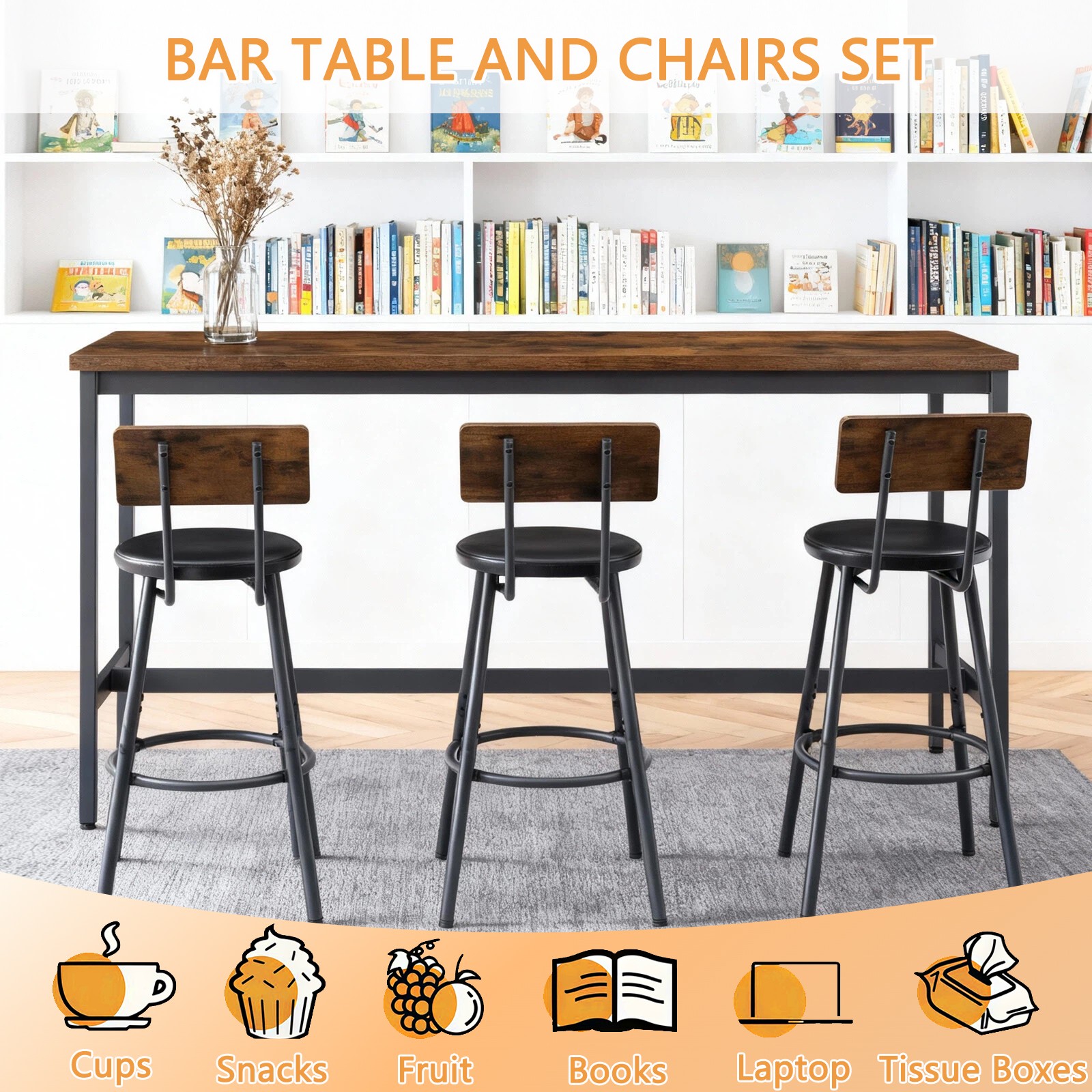 Bar Table and Chairs Set for 3, 4 Piece Industrial Dining Table Set