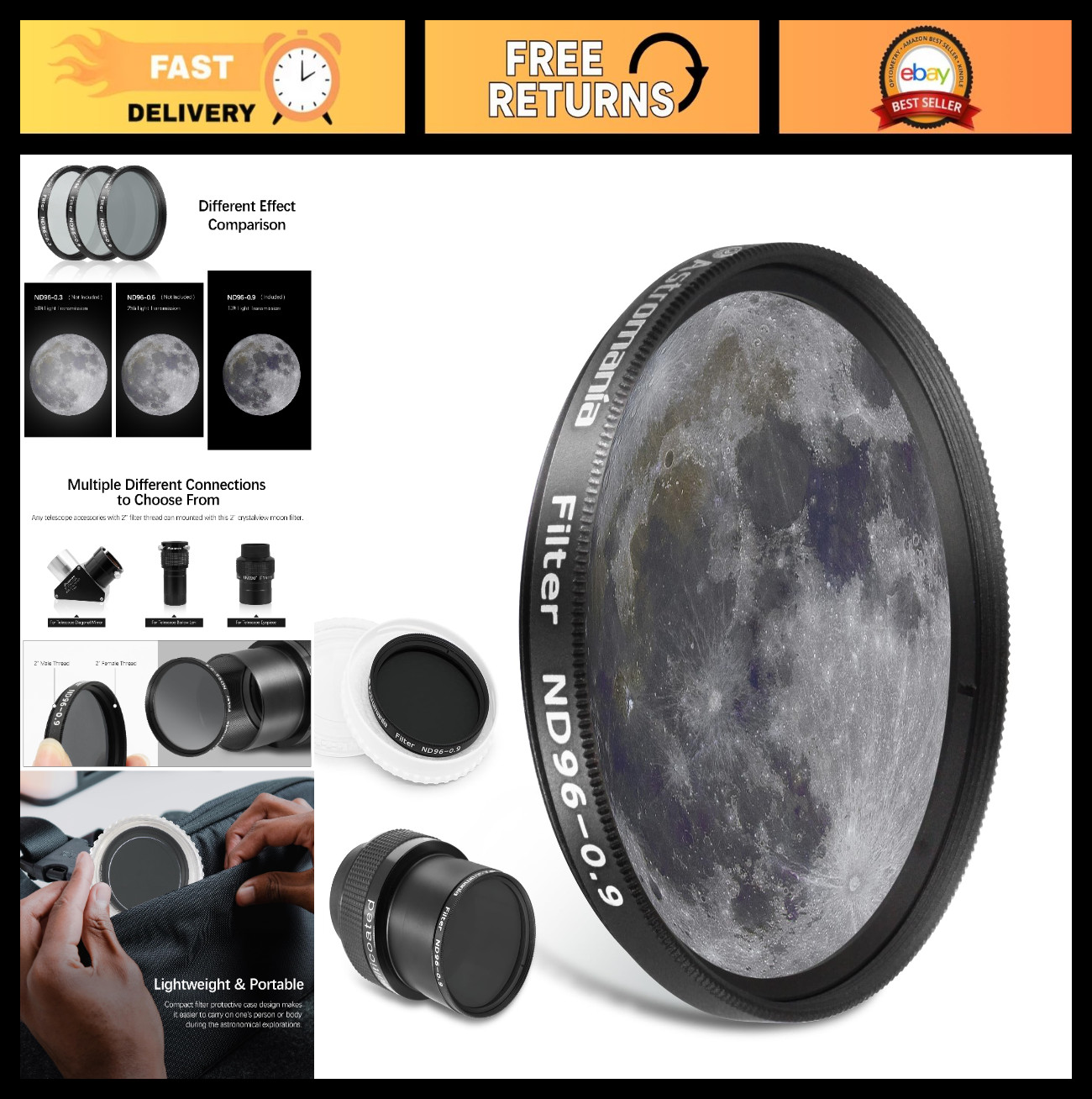 2" Neutral Density Telescope Moon Filter ND96-0.9 - Reduces Glare & Enhances Det