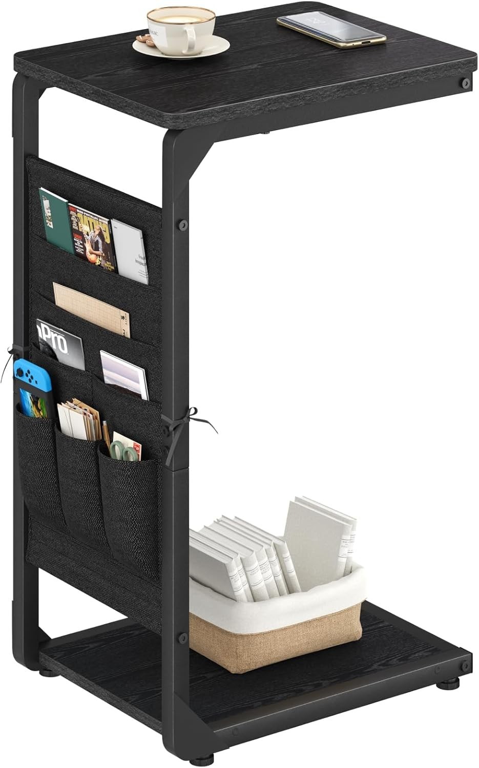 Narrow C-Shaped End Table W/ Storage Bag Small Couch Side Table Sofa TV Tray