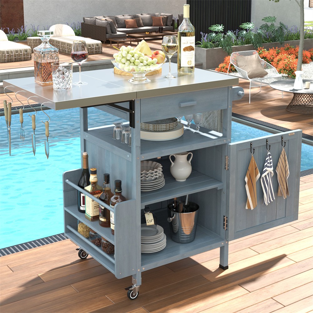 Outdoor Movable Grill Cart Storage Cabinet Kitchen Food Prep Trolley Patio Table