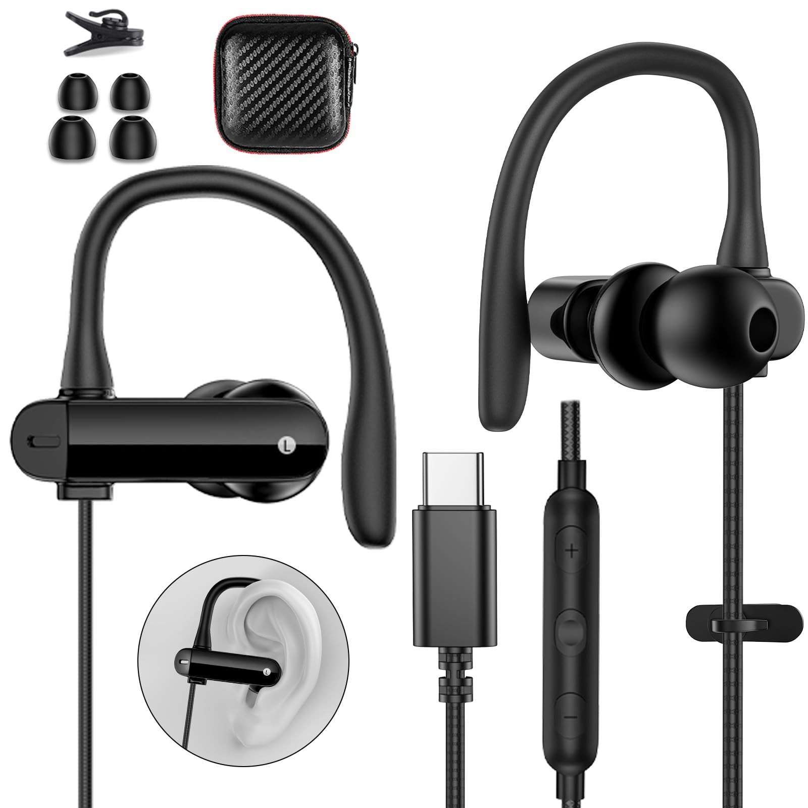 Wired USB Earbuds Over Ear Cord USB Headphones with Mic Black