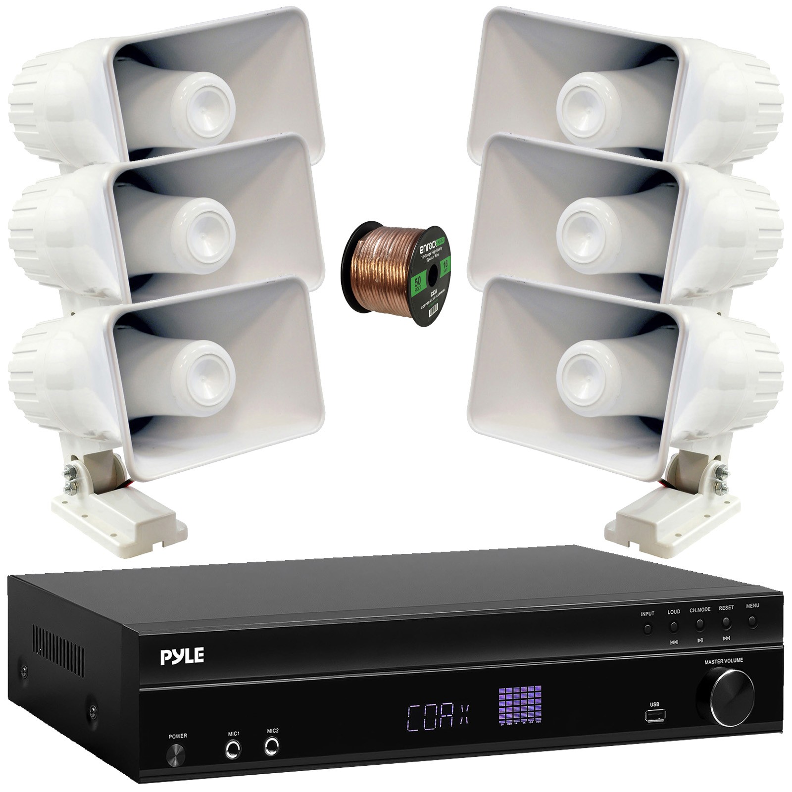 Pyle PT875BT Hi-Def Home Receiver, 6x 6'' 50W Indoor/Outdoor PA Horn Speakers