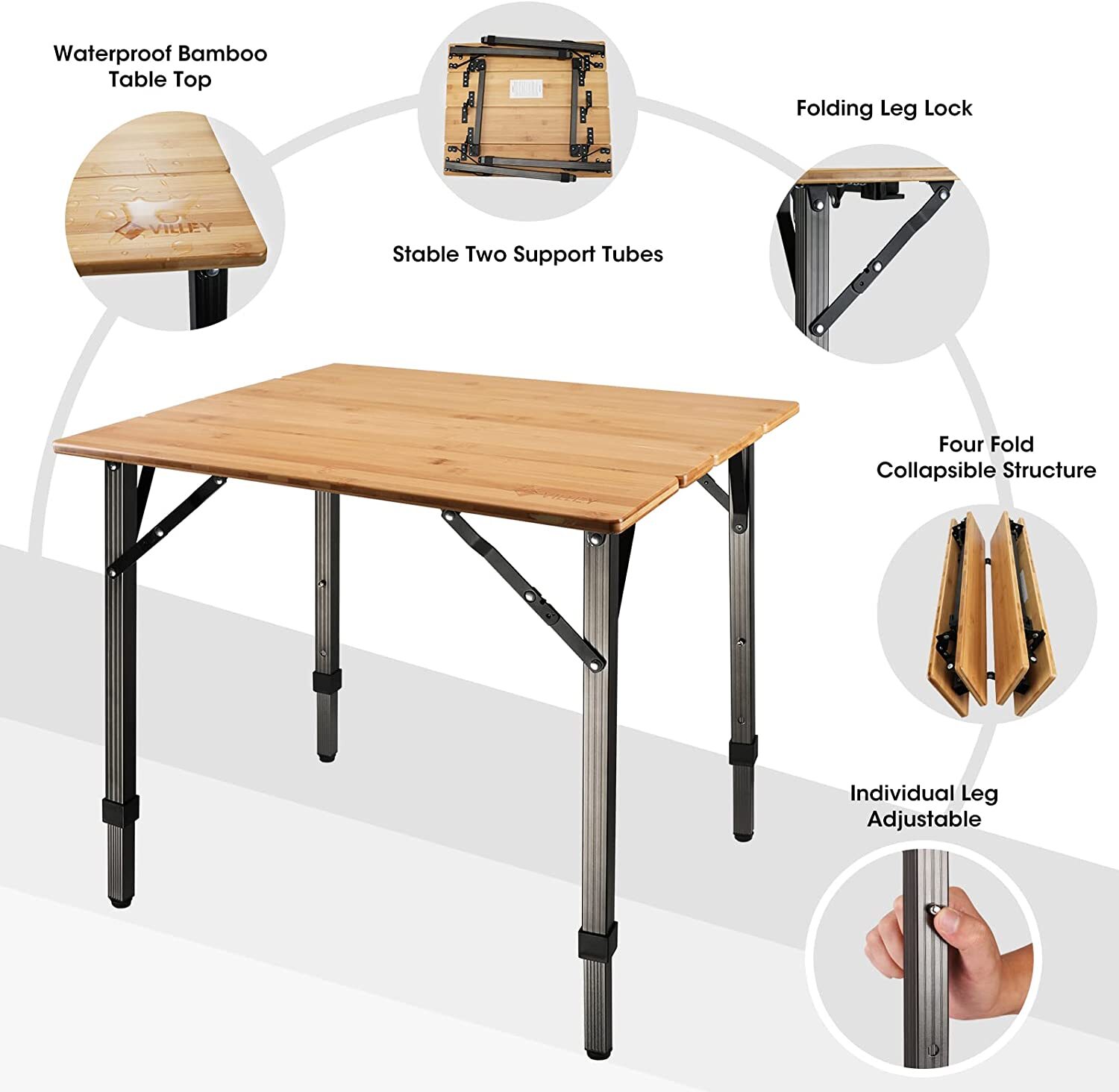 VILLEY Bamboo Folding Camping Table Heavy Duty Aluminum Adjustable Leg Carry Bag