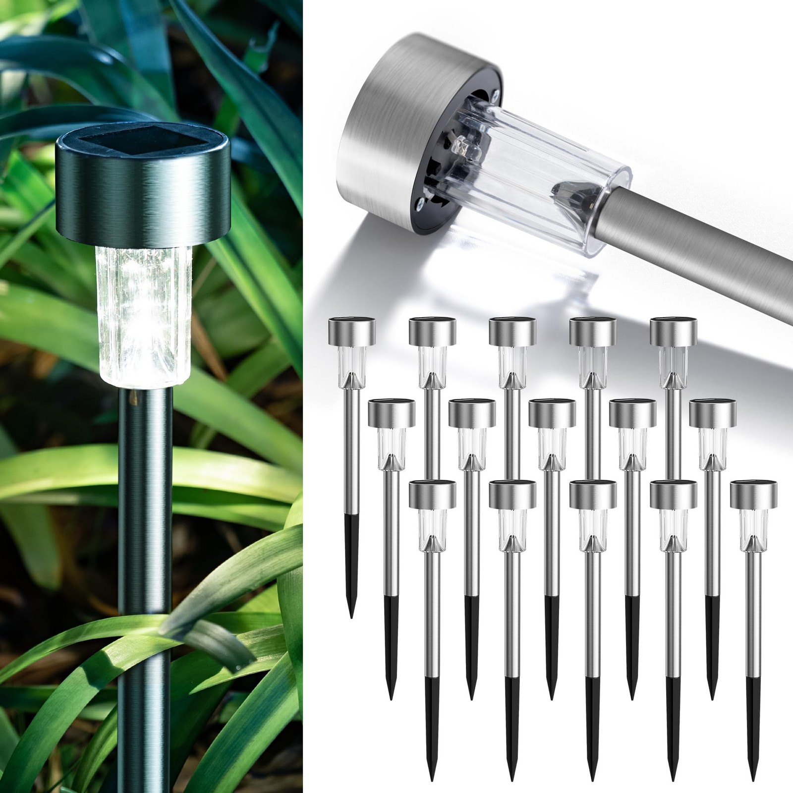 GIGALUMI 16 Pack Solar Lights Outdoor Waterproof,Stainless Steel LED Solar Ga...