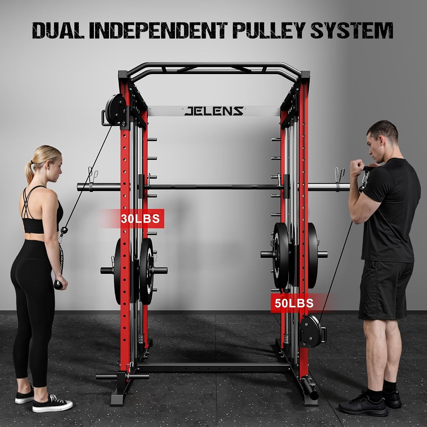 JELENS M21 Smith Machine, Multi-Function Power Cage with Dual Pulley Cable Cross
