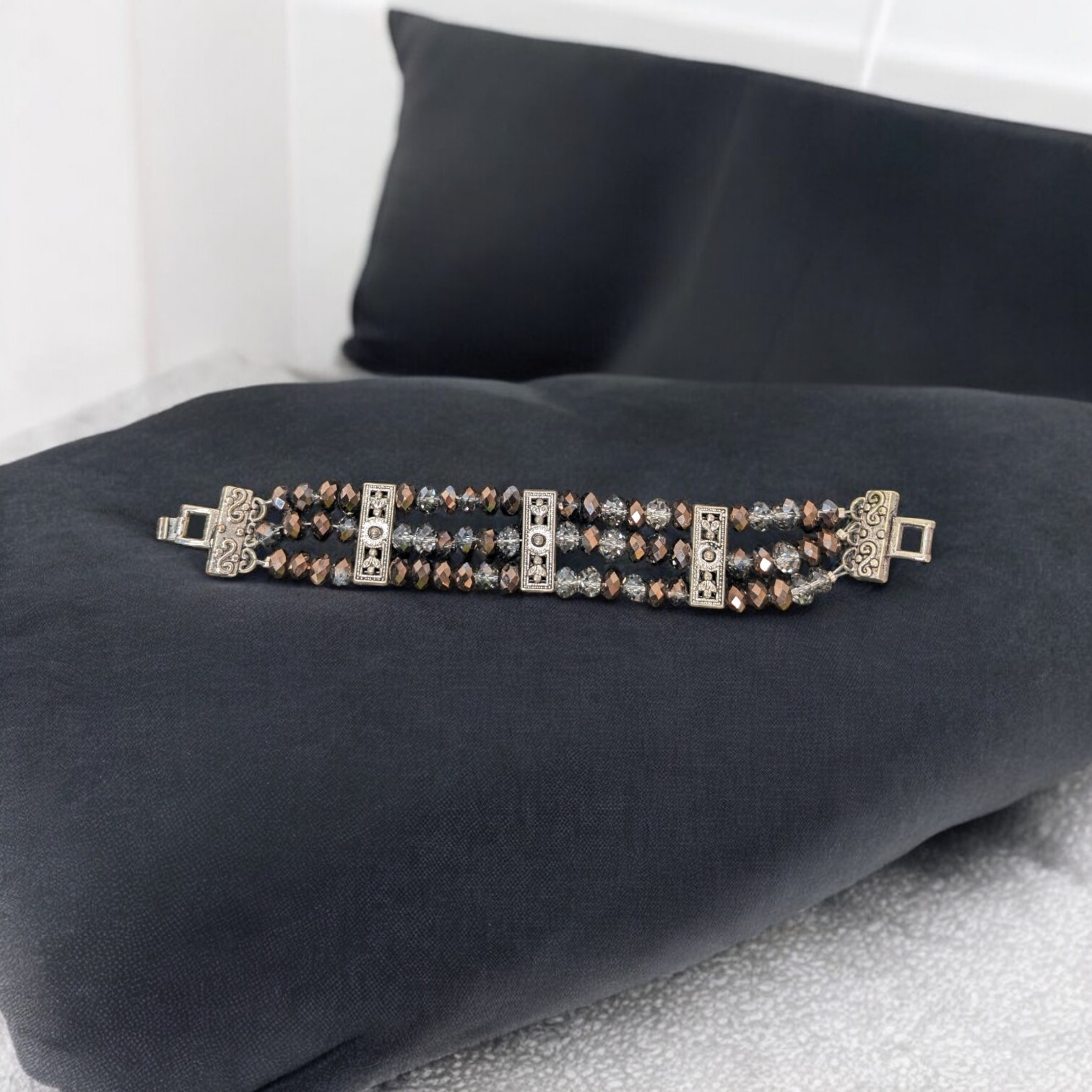 Three Strand Hand Beaded Quartz Bracelet