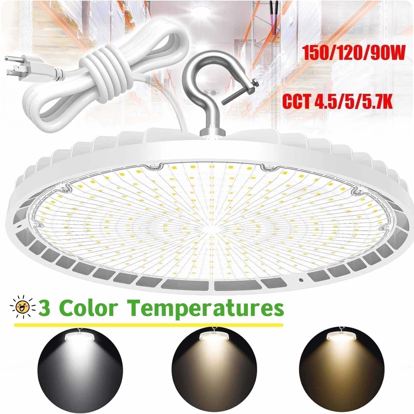 LED UFO High Bay BI Light 150/120/90W CCT 4.5/5/5.7K 100~277 V AC White US Plug