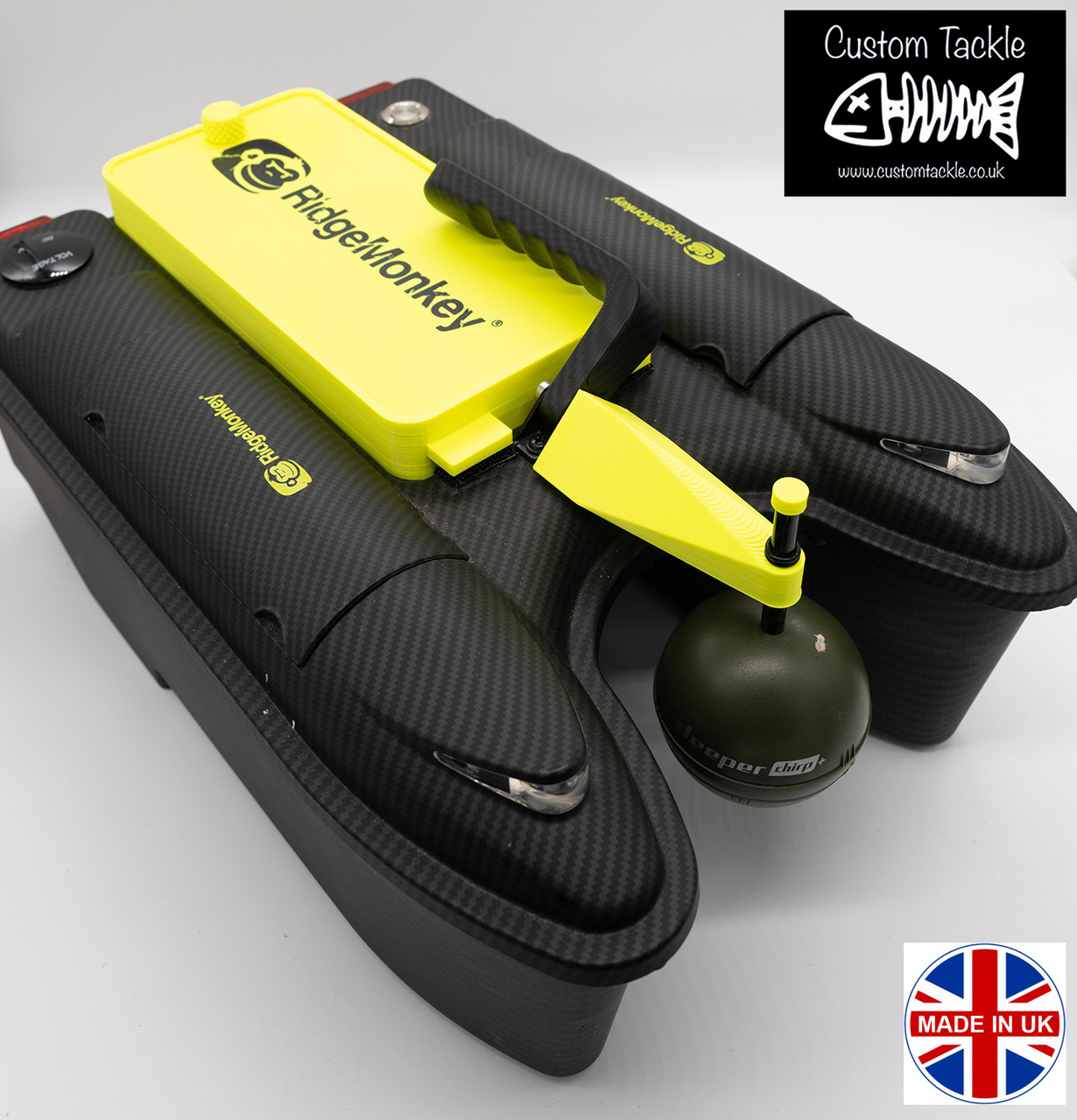 RidgeMonkey Hunter 750 Bait Boat - Hi-Viz Edition front  mount  Deeper arm