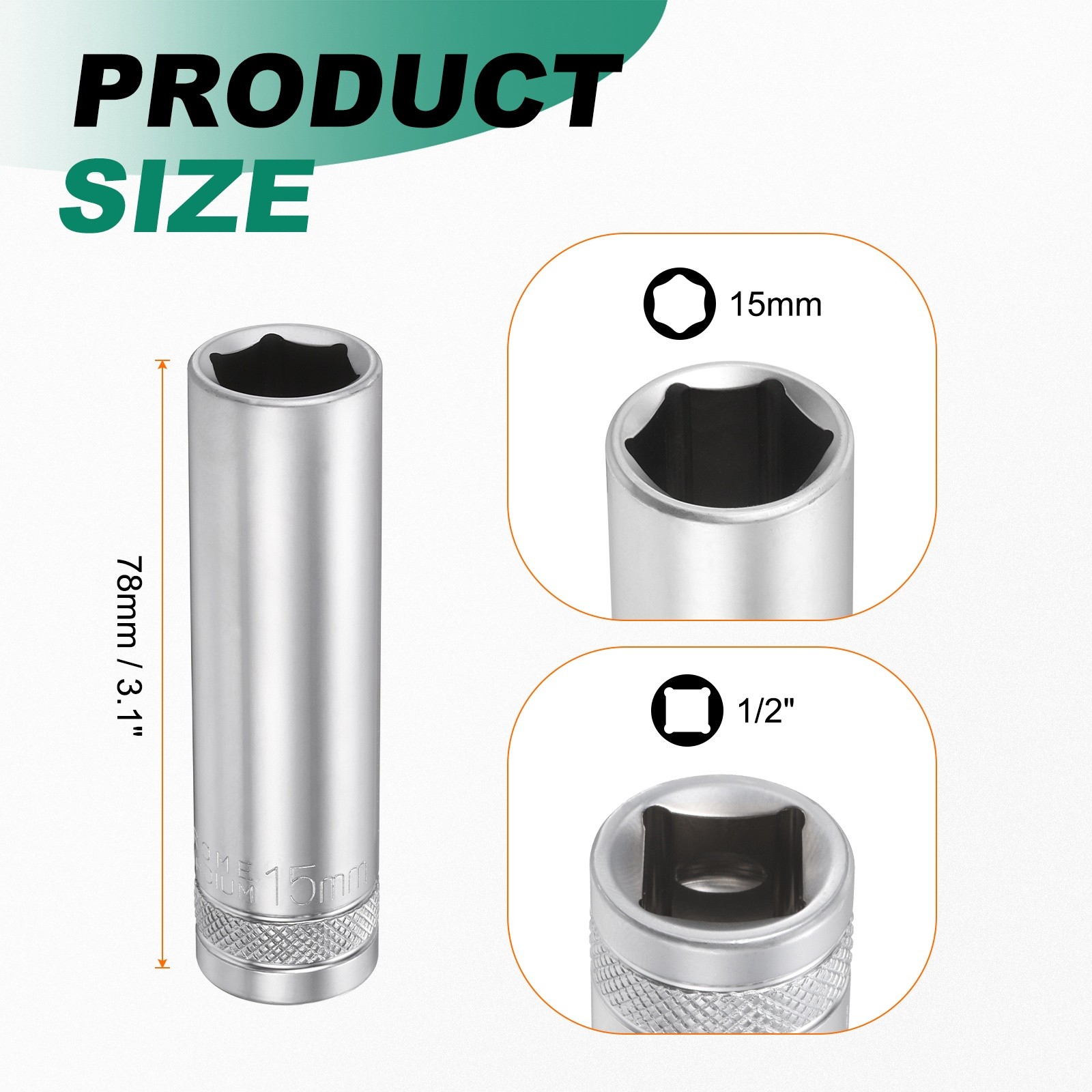 3pcs 6 Points Deep Socket 1/2" Drive 15mm Nickel Plating Hex Socket 3.1" Long