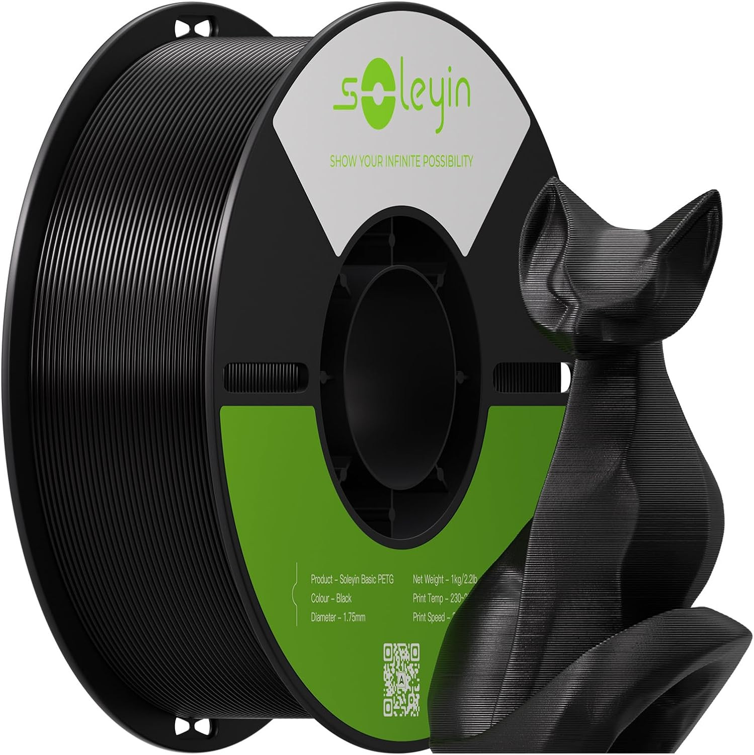 High-Strength PETG Filament 1.75mm, 1Kg Black for 3D Printers, ±0.02mm Accuracy