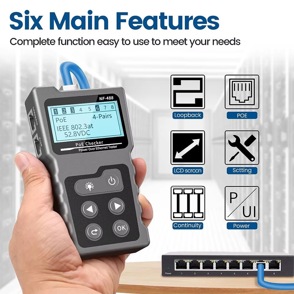 NF-488 Network Cable Tester Poe Checker Continuity Tester Loop-Back Test