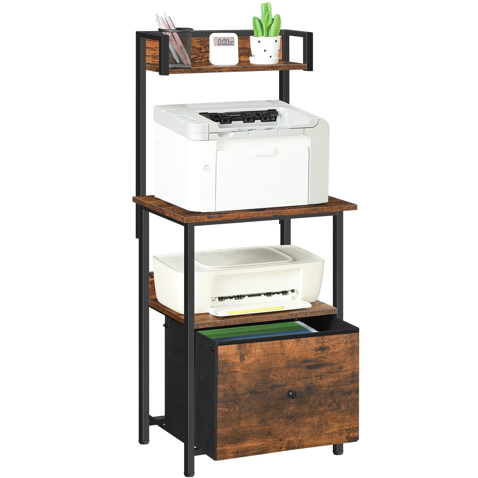 Printer Table with Storage, Home Printer Stand with File Cabinet, Fits A4/Let...