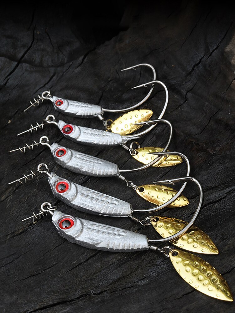 10PCS Offset Hooks Weighted Fishing Hook Wide Gap Weedless Hook Worm & Spinner