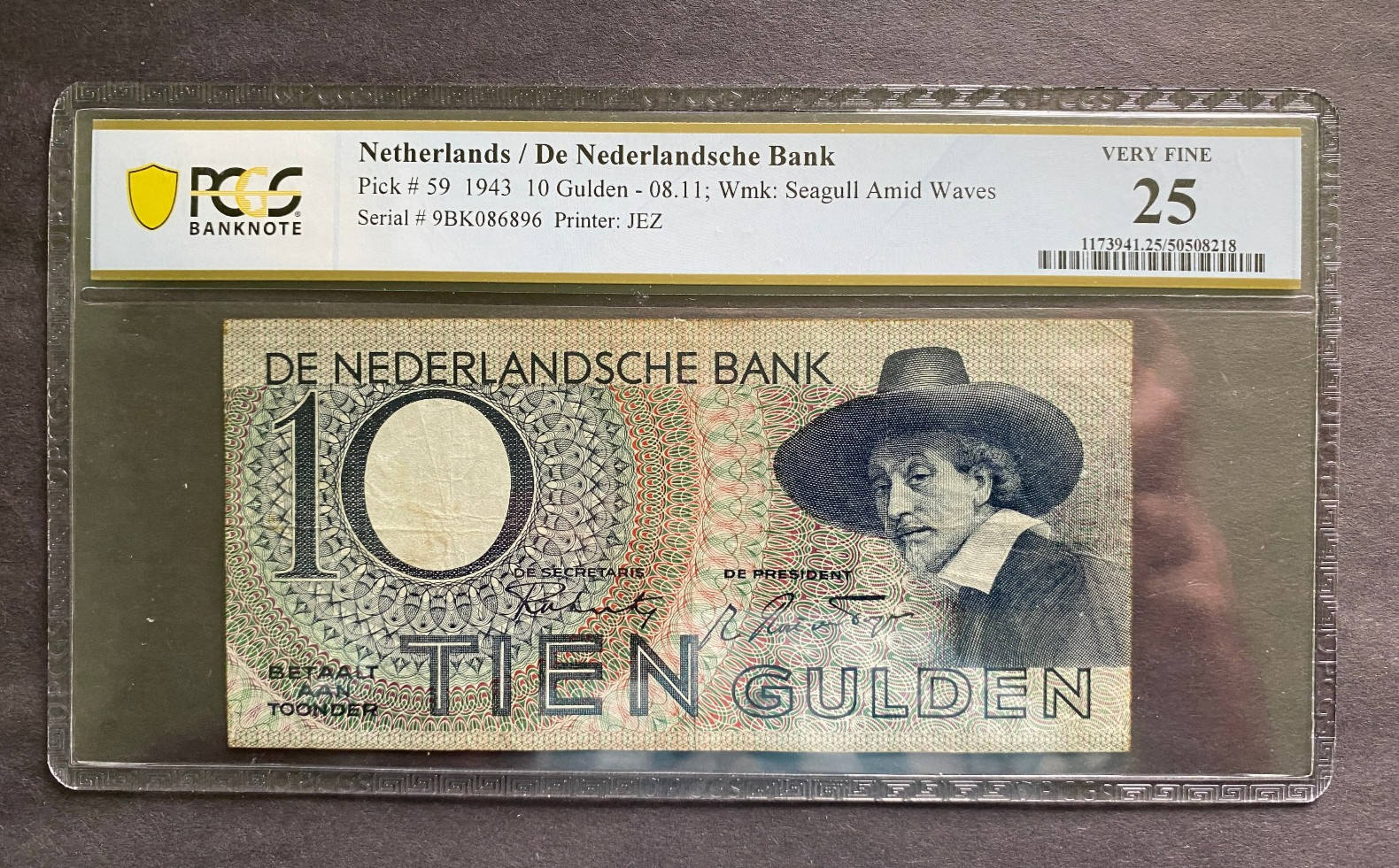 Netherlands 10 Gulden 1943 Banknote PCGS 25 VF