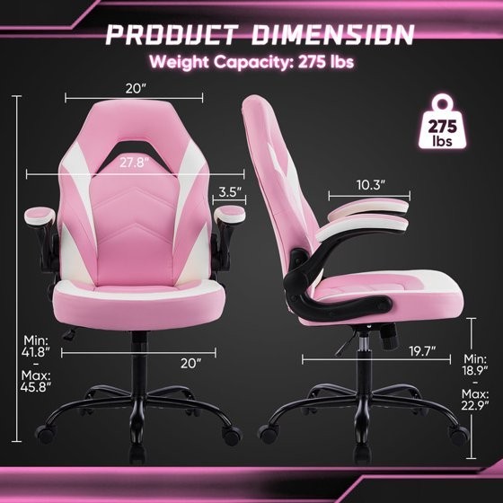 Gianna Ergonomic Gaming Chair, PU Leather, Flip-Up Arms, Pink/White