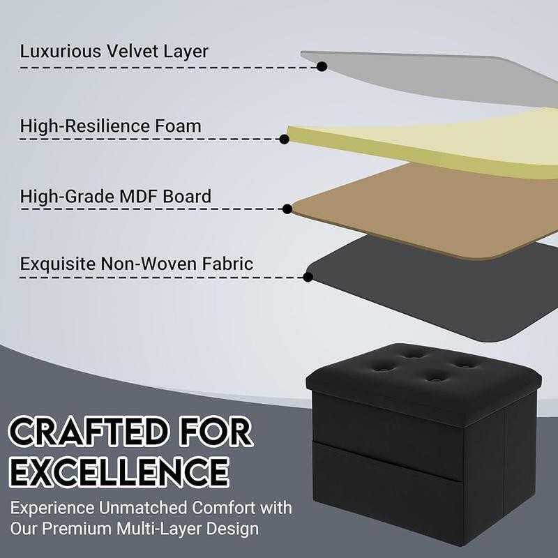 Velvet Storage Ottoman Foot Rest Foldable Footstool W/ Side Pocket Living Room
