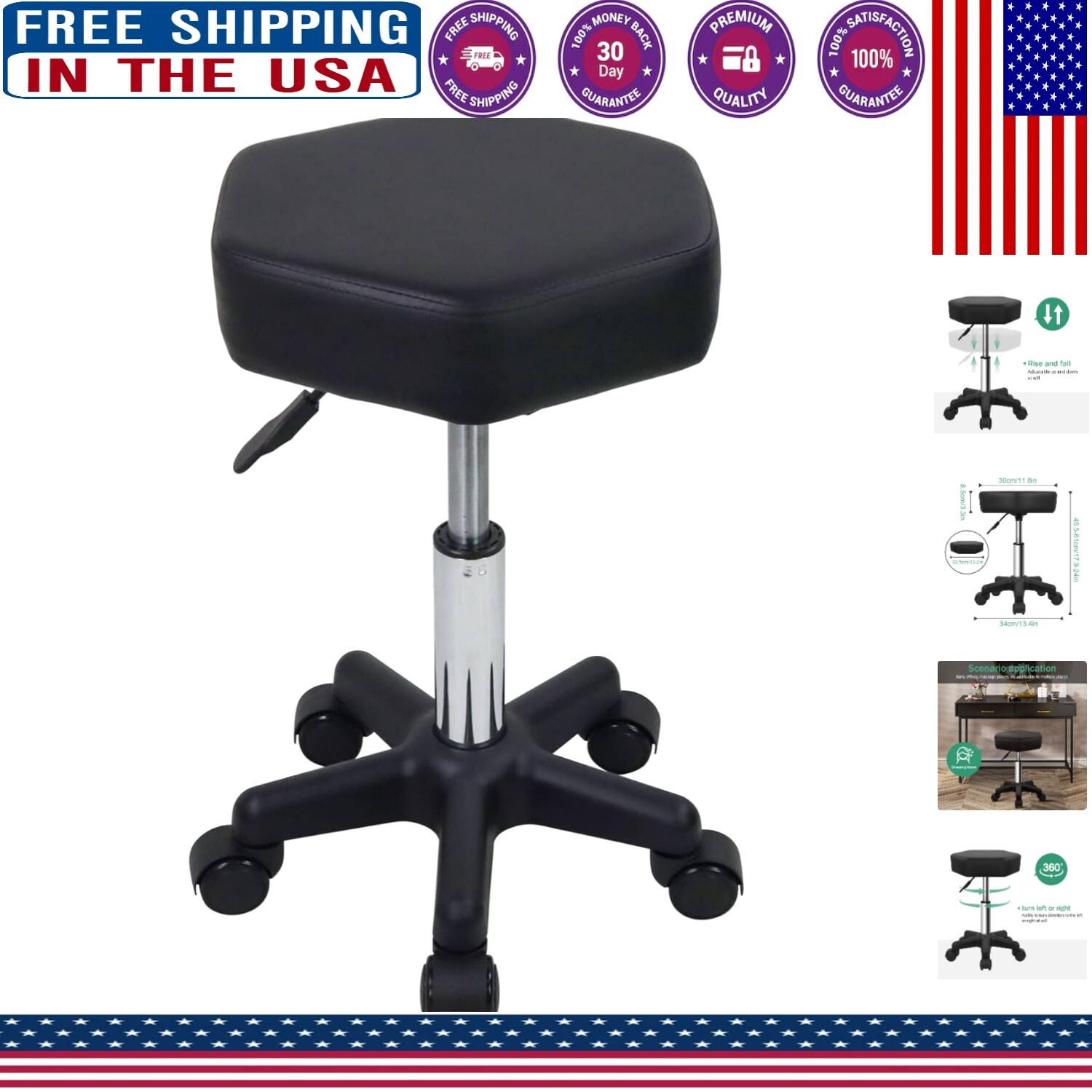 Height Adjustable Hexagon Rolling Stool for Spa & Salon - Modern Black Design