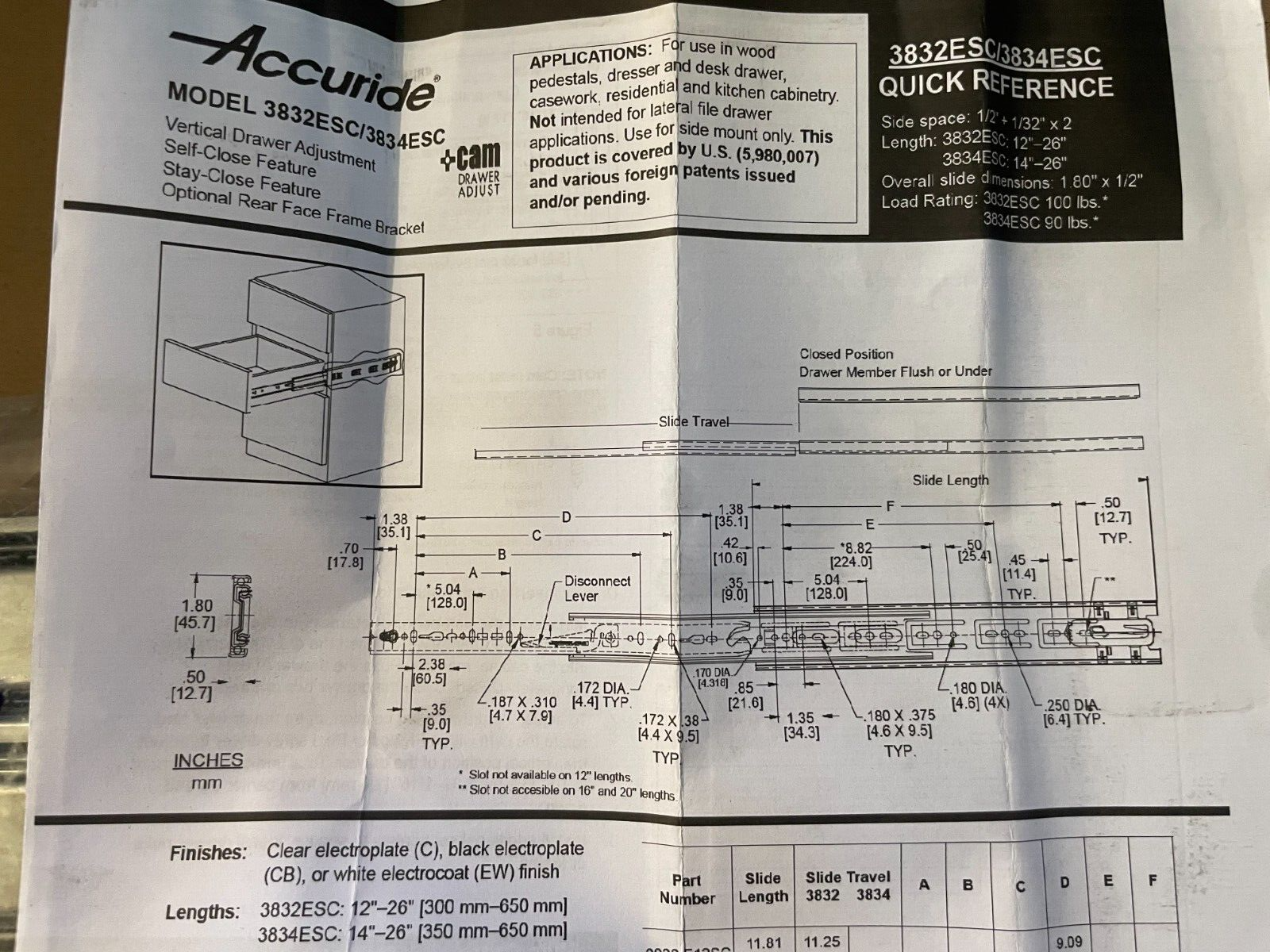 Accuride Full Extension Drawer Slide W/ Self-Close 3832-E20SCD 20"L, Full Ext