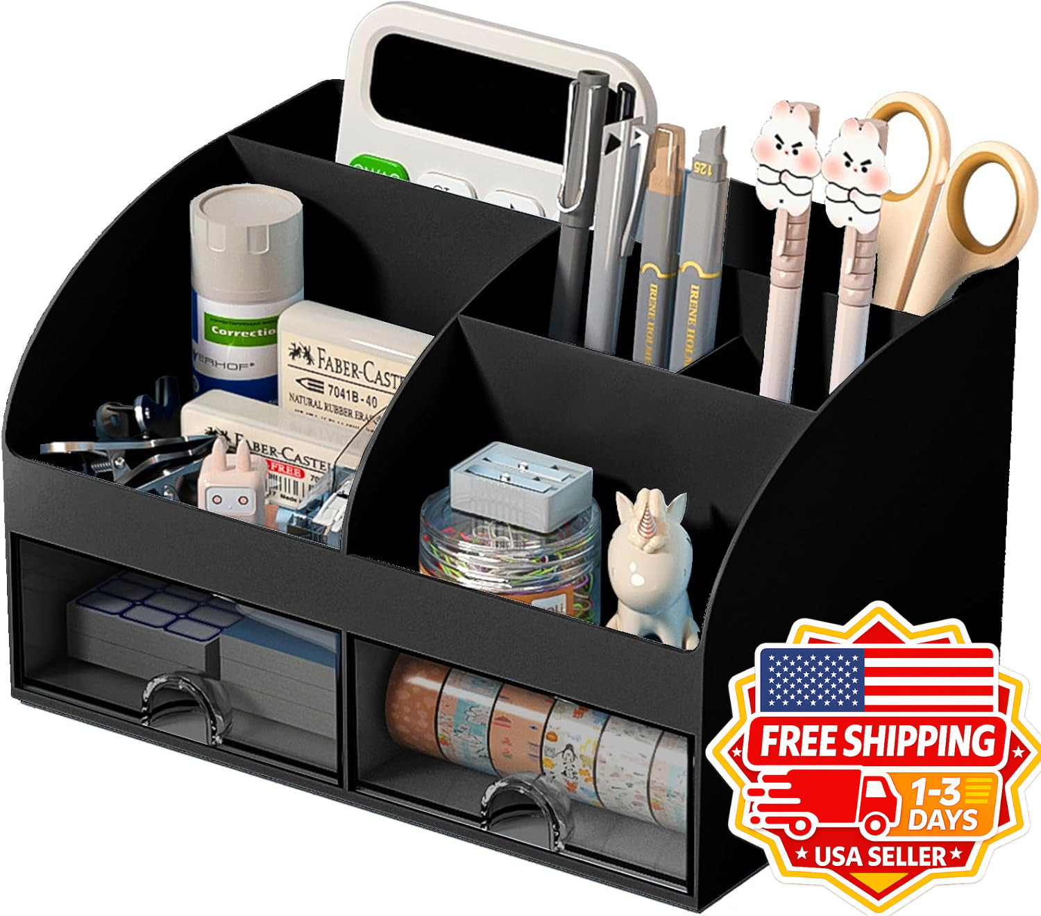 Desk Organizer with 6 Compartments and 2 Drawers, Plastic Makeup Organizer Black