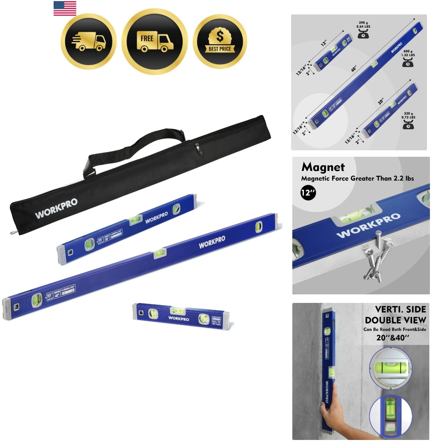 3-Piece Spirit Level Set 12", 20", 40" with 12" Magnetic Torpedo Level, 45°/9...