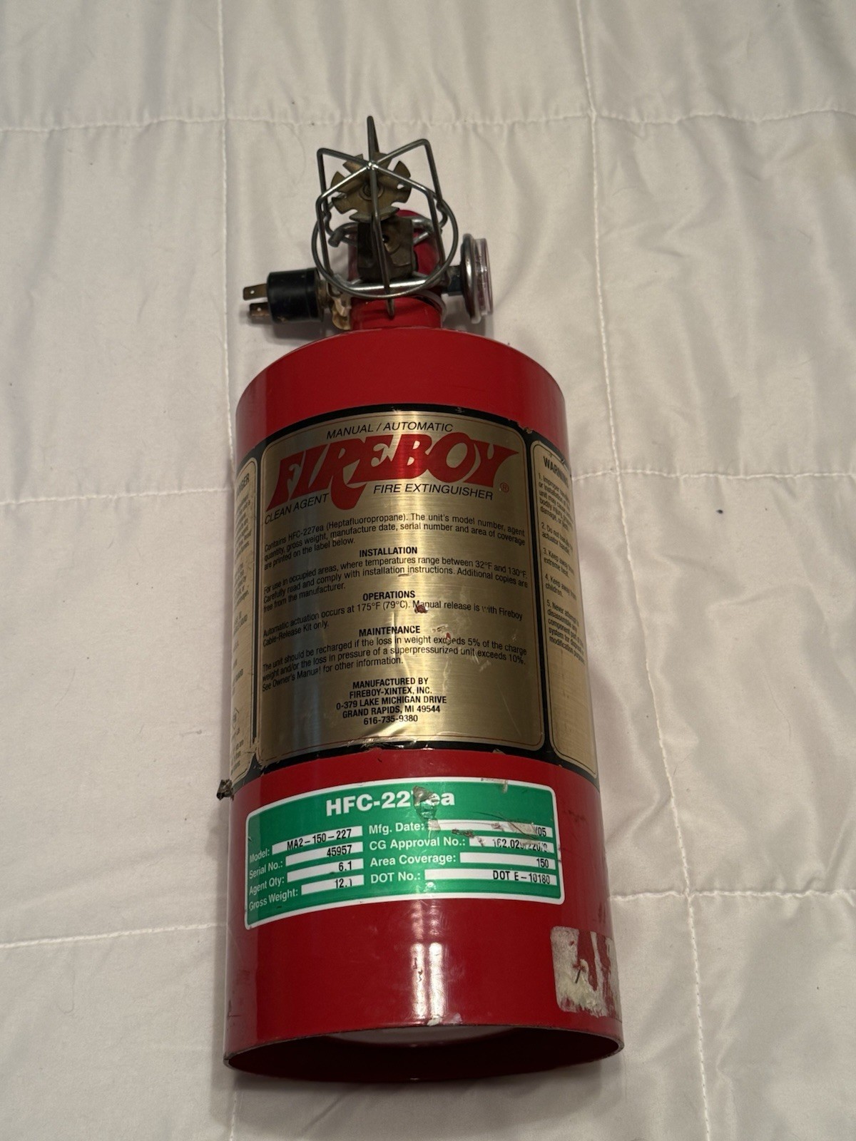 Fireboy Fire Extinguisher MA20050227-BL. HFC-227ea. Clean Agent