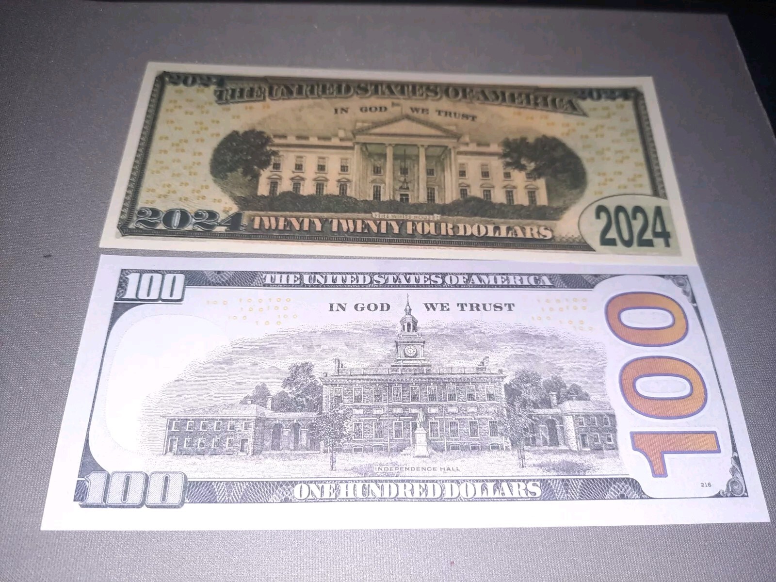 Set Of 4 Donald Trump 2024 & $100 Prank Fake Presidential Bills MAGA USA 45 47