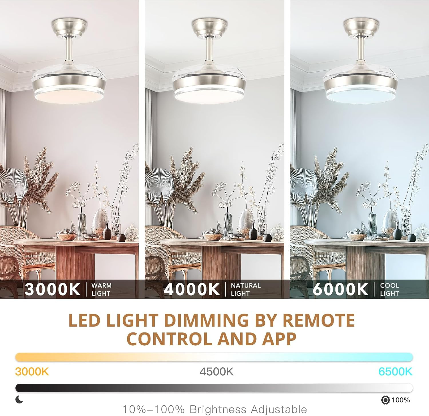 30" Retractable Ceiling Fan with Dimmable LED Light & Remote, 6 Speeds, Brushed