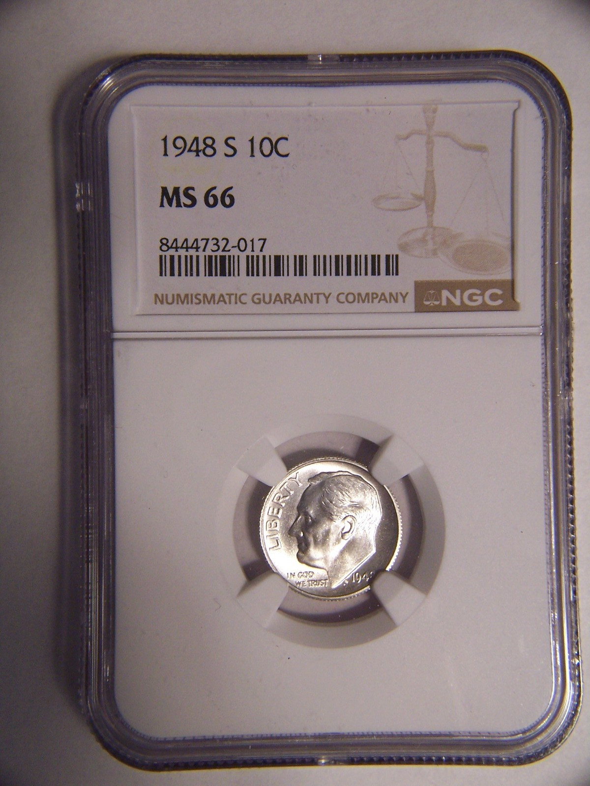 1948 S Roosevelt Silver Dime MS 66 NGC White
