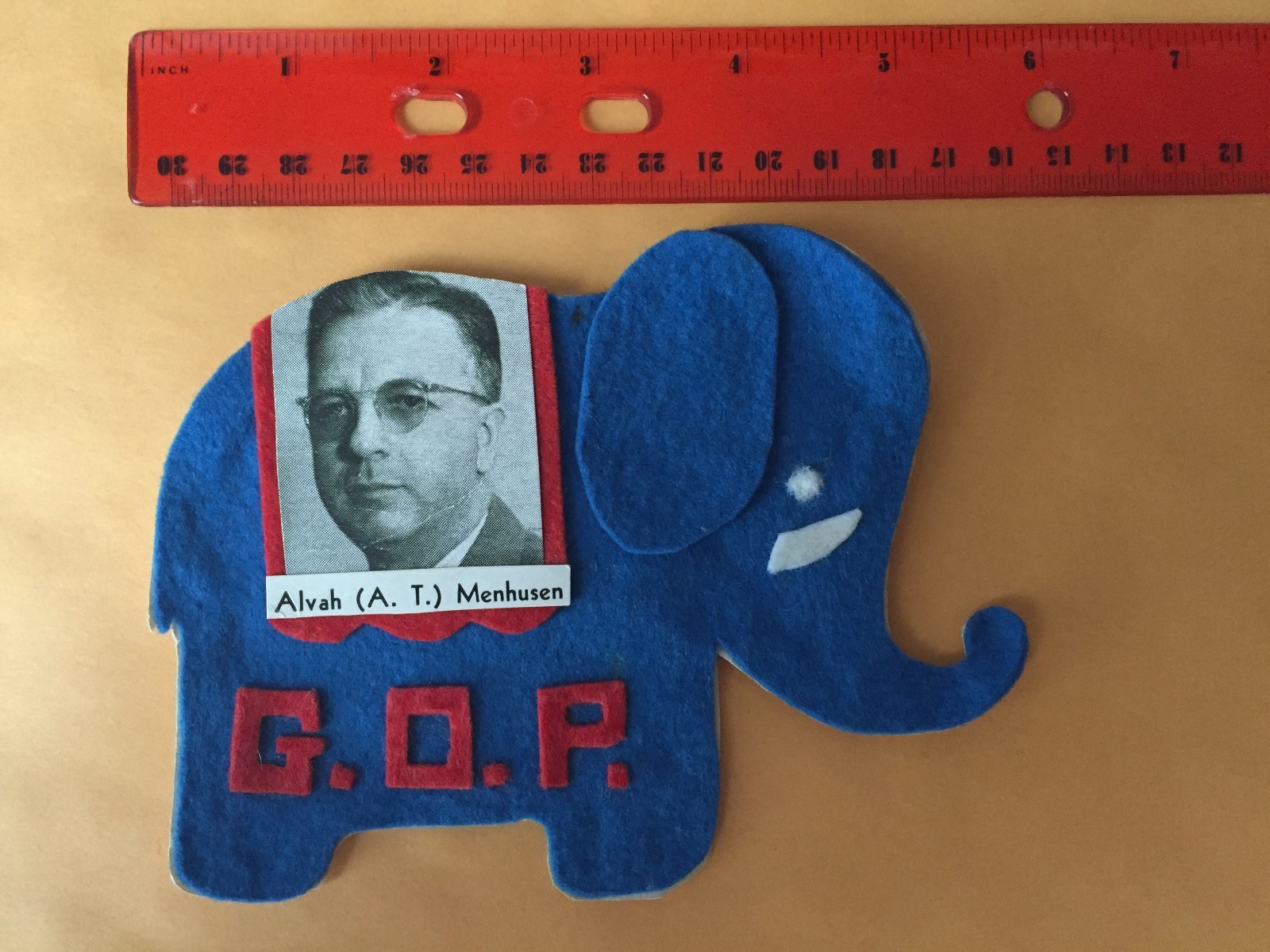 Vintage Alvah Thornton Menhusen Felt Handmade G.O.P. Campaign Pinback