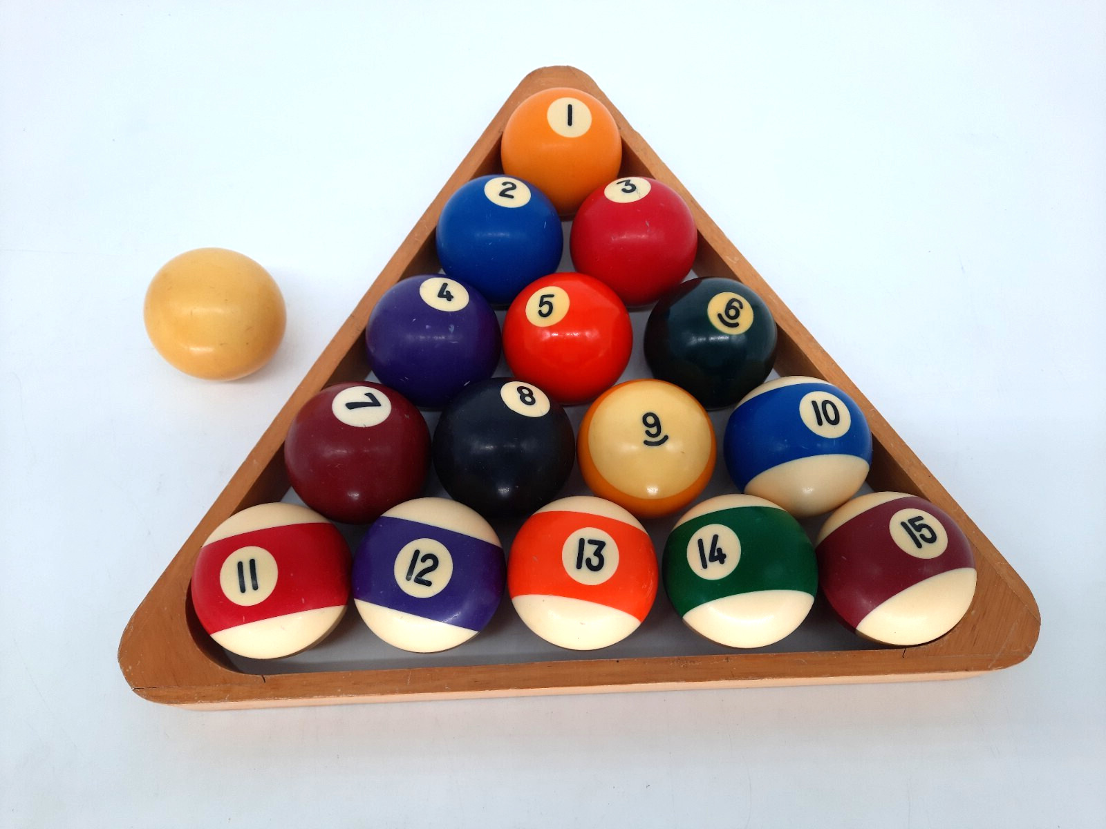 Mid-20th Century Pool Balls Lot of 16 Balls, w/Wooden Rack, 2-1/4", VTG (J1-C)